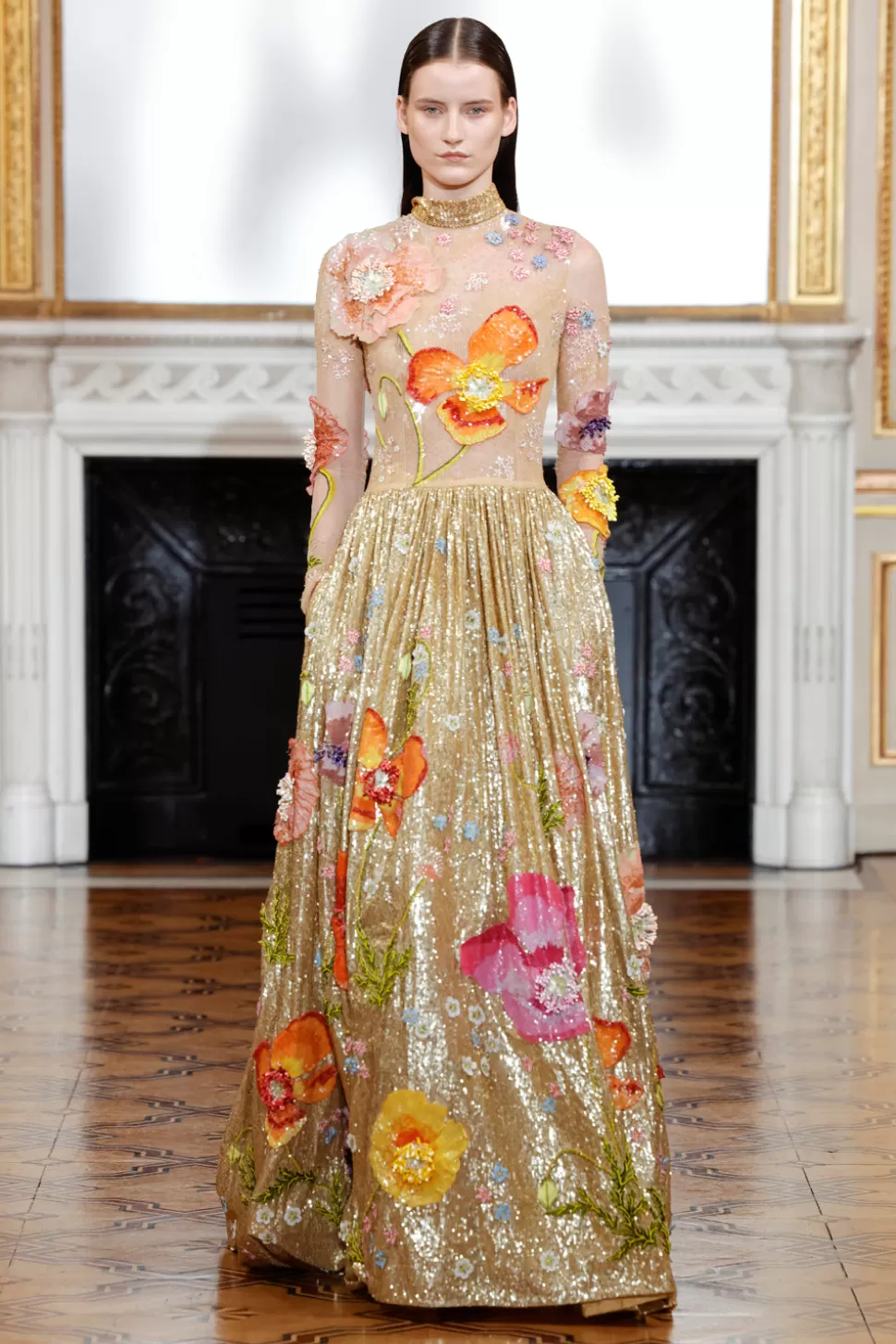 Dresses & Gowns<Rahul Mishra 3D Hand Embroidered Gold Poppies Gathered Gown