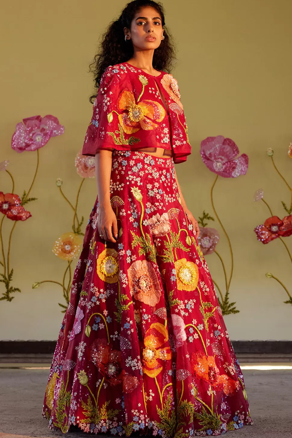 Lehenga Sets<Rahul Mishra 3D Hand Embroidered Shirley Poppy Lehenga Set