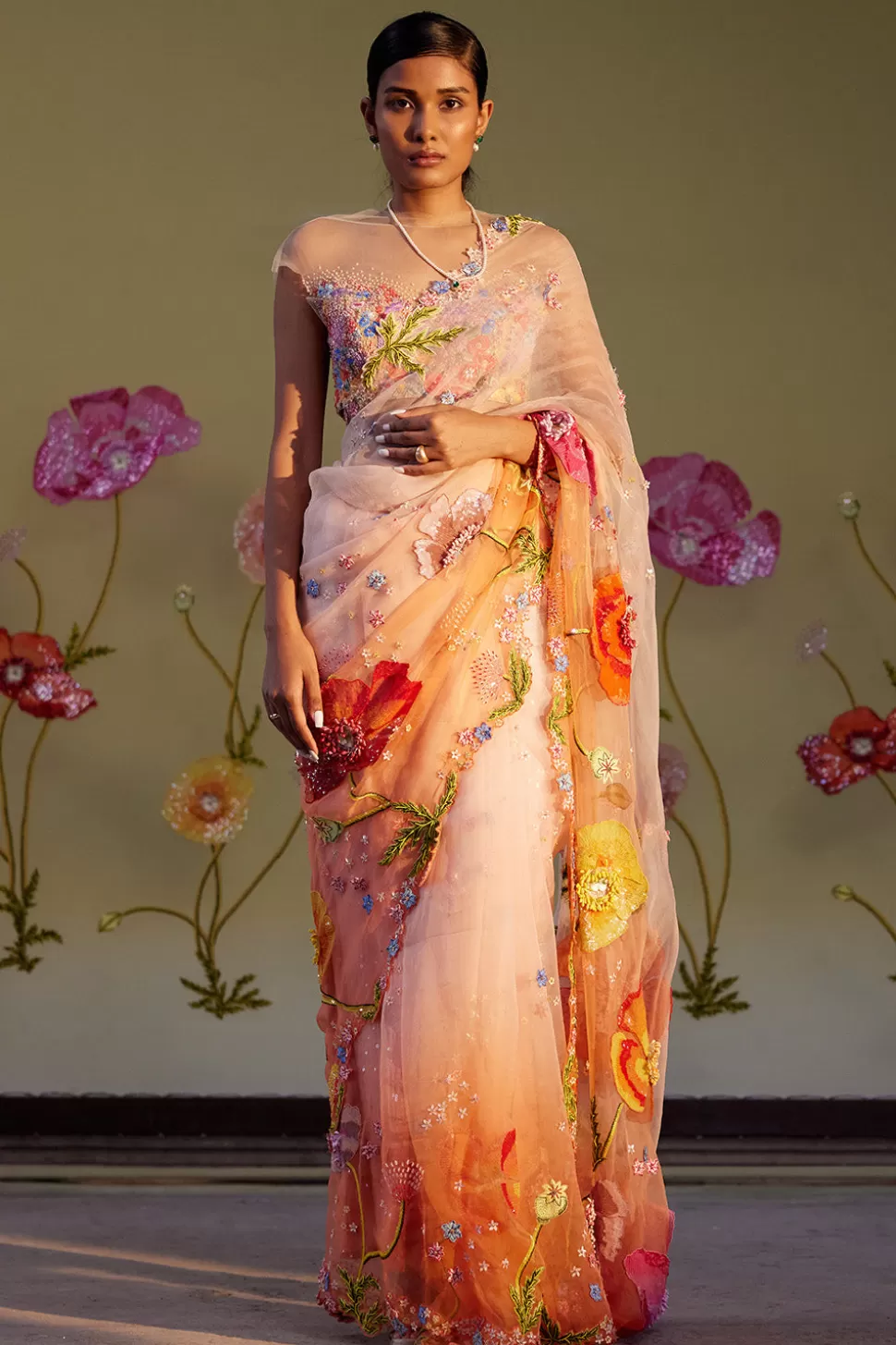 Sarees<Rahul Mishra 3D Hand Embroidered Shirley Poppy Saree Set