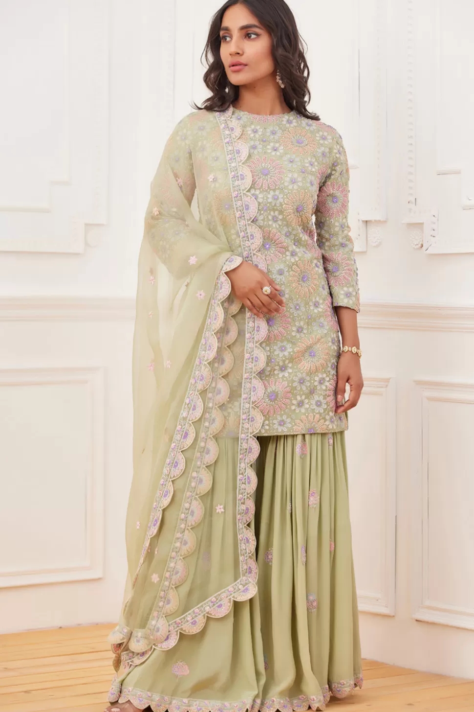 Kurta Sets<Rahul Mishra Aaina Embroidered Short Kurta Gharara Set