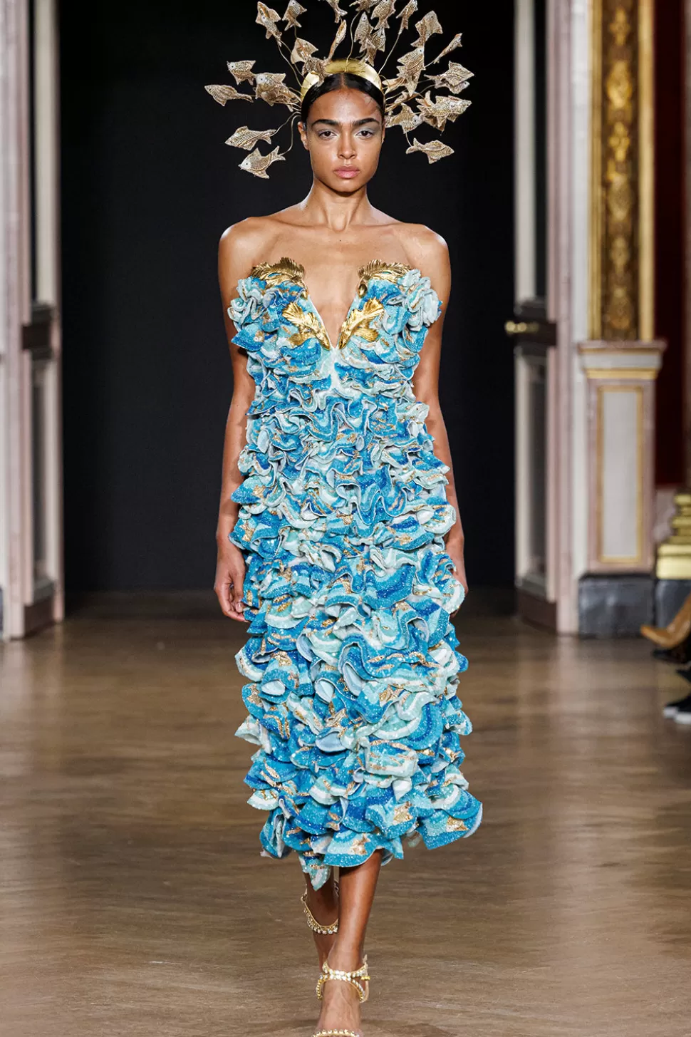 Dresses & Gowns<Rahul Mishra Azure River 3D Layered Bustier Dress With Metallic Neckline Detail