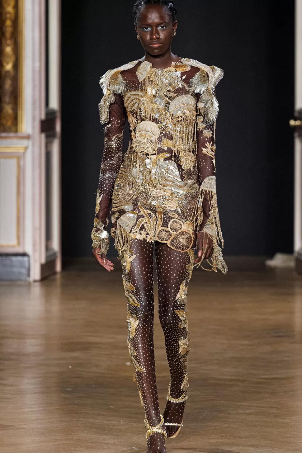 Dresses & Gowns<Rahul Mishra Cosmos Aquatic Hand Embroidered Tonal Gold Short Dress Set