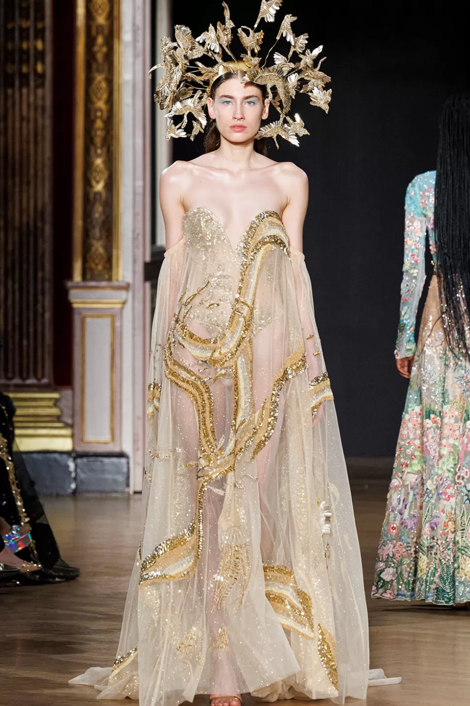 Dresses & Gowns<Rahul Mishra Cosmos Gold River Sequin Embellished Offshoulder Corsetted Cape Gown