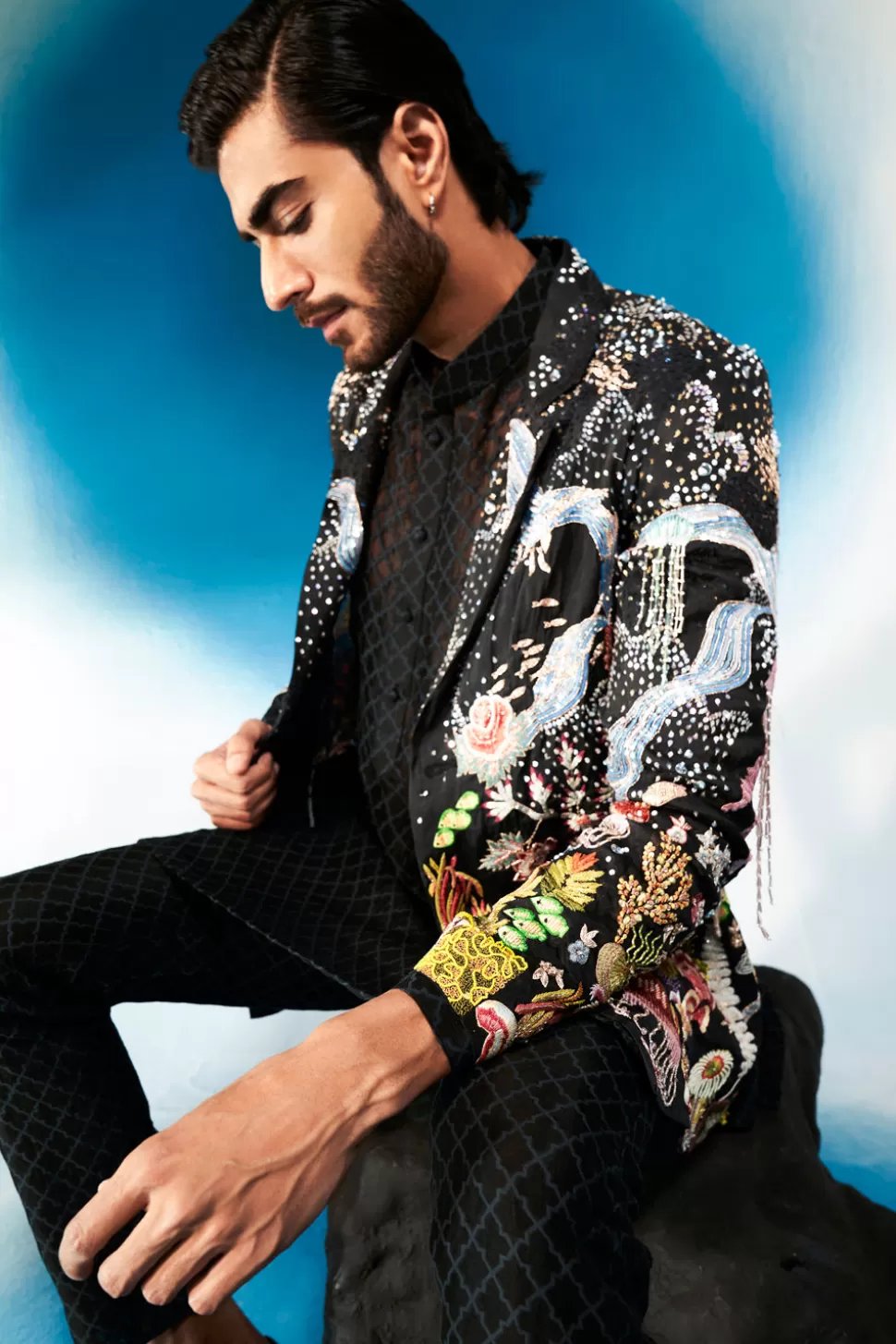 Men'S Jacket Sets<Rahul Mishra Cosmos Hand Embroidred Sequinned Sheer Blazer Set