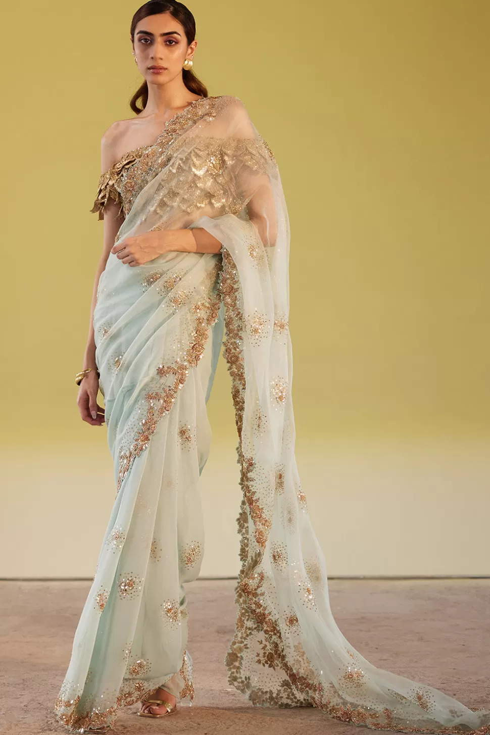 Sarees<Rahul Mishra Hand Embroidered Gulab Bel Saree Set