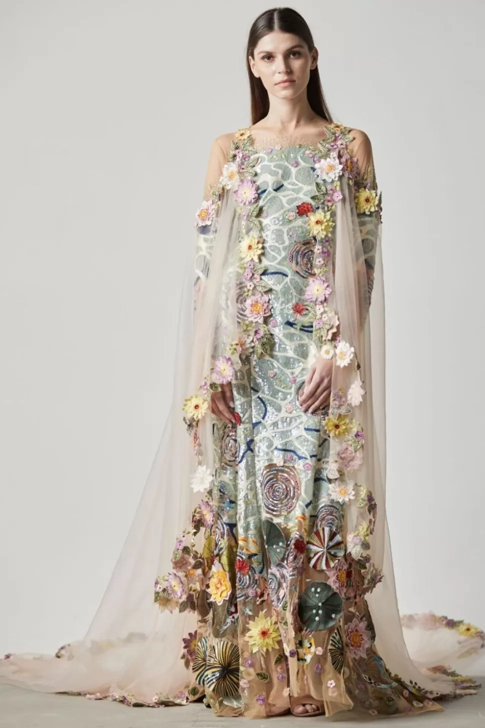 Cape & Cape Sets<Rahul Mishra Lotus Pond Gown With Sheer 3D Embellished Train Cape