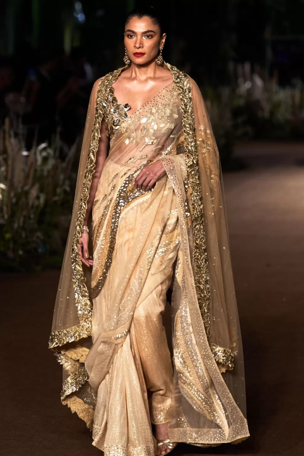 Sarees<Rahul Mishra Water Gold Hand Embroidered 3D Embellished Saree Set