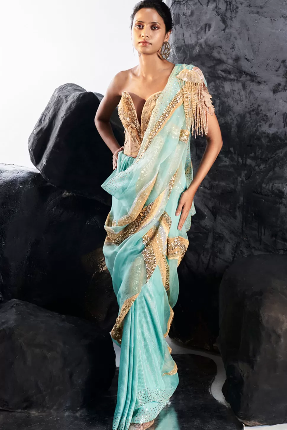 Sarees<Rahul Mishra Water Gold Hand Embroidered 3D Embellished Sheer Corset Set