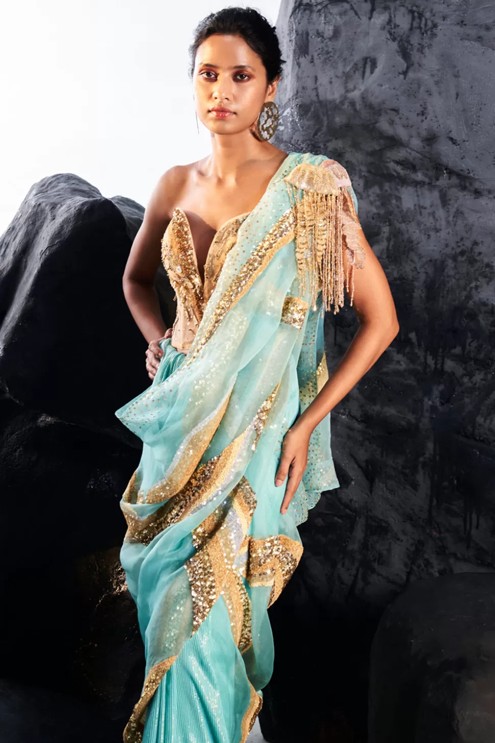 Sarees<Rahul Mishra Water Gold Hand Embroidered 3D Embellished Sheer Corset Set