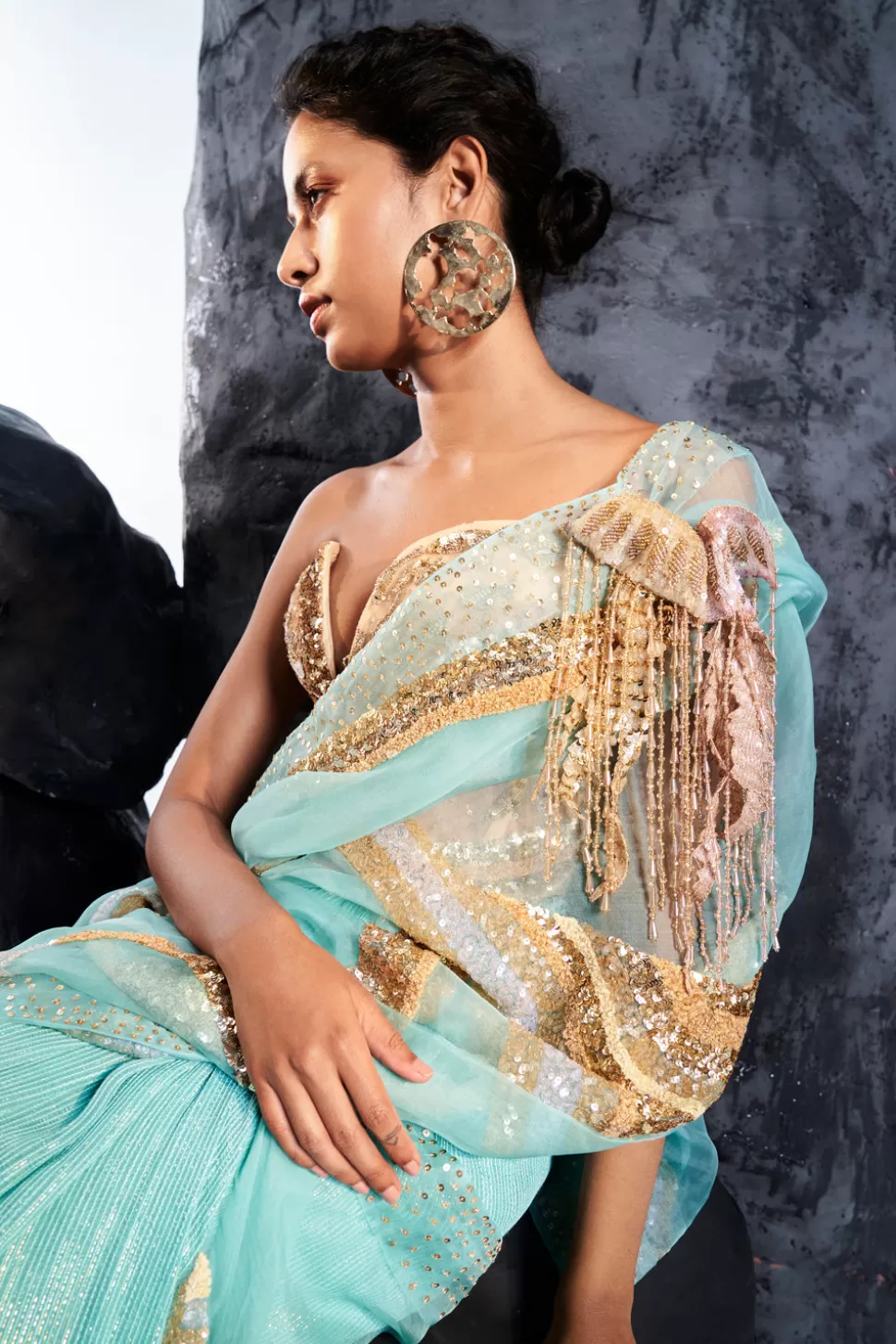 Sarees<Rahul Mishra Water Gold Hand Embroidered 3D Embellished Sheer Corset Set
